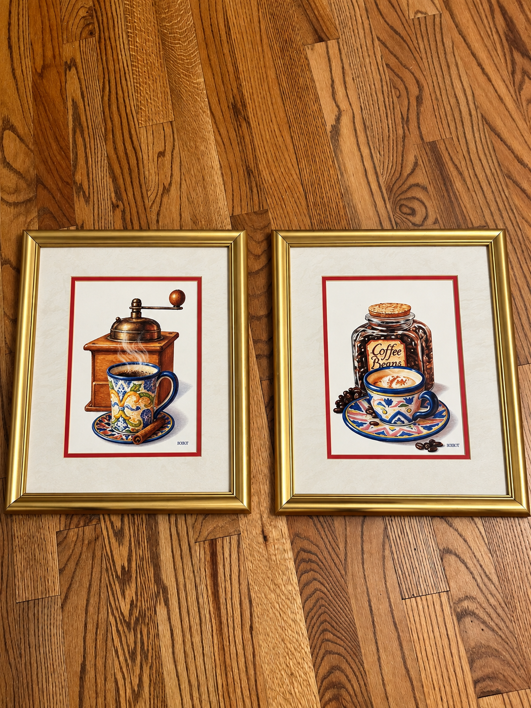 Vintage-Style Coffee Kitchen Wall Art Prints – Gold Framed Pair 11" x 14"