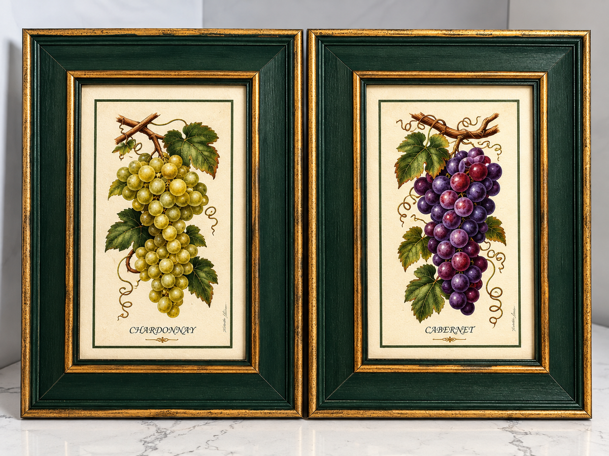 Martha Hinson Chardonnay & Cabernet Grape Prints | Framed Pair