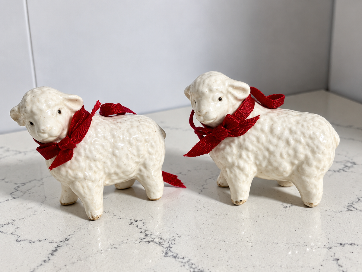 White Ceramic Lamb Christmas Ornaments with Red Ribbons – Pair – 3"