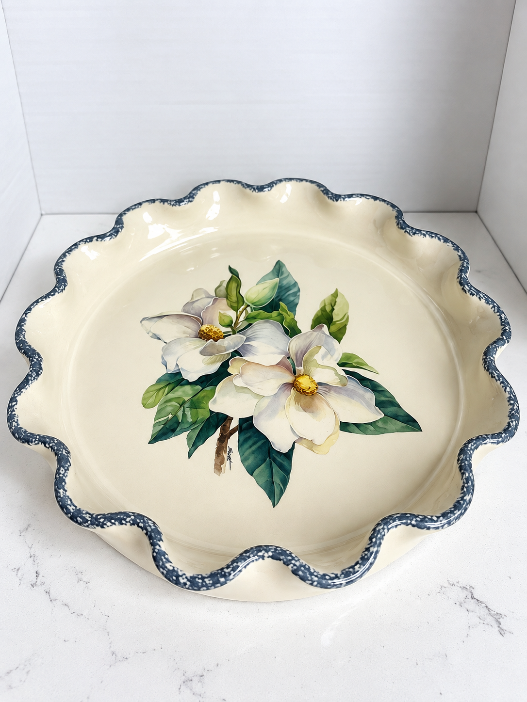 Vintage 2000 Home & Garden Party Magnolia Stoneware Serving Bowl – 12.5” Scalloped – Made in USA