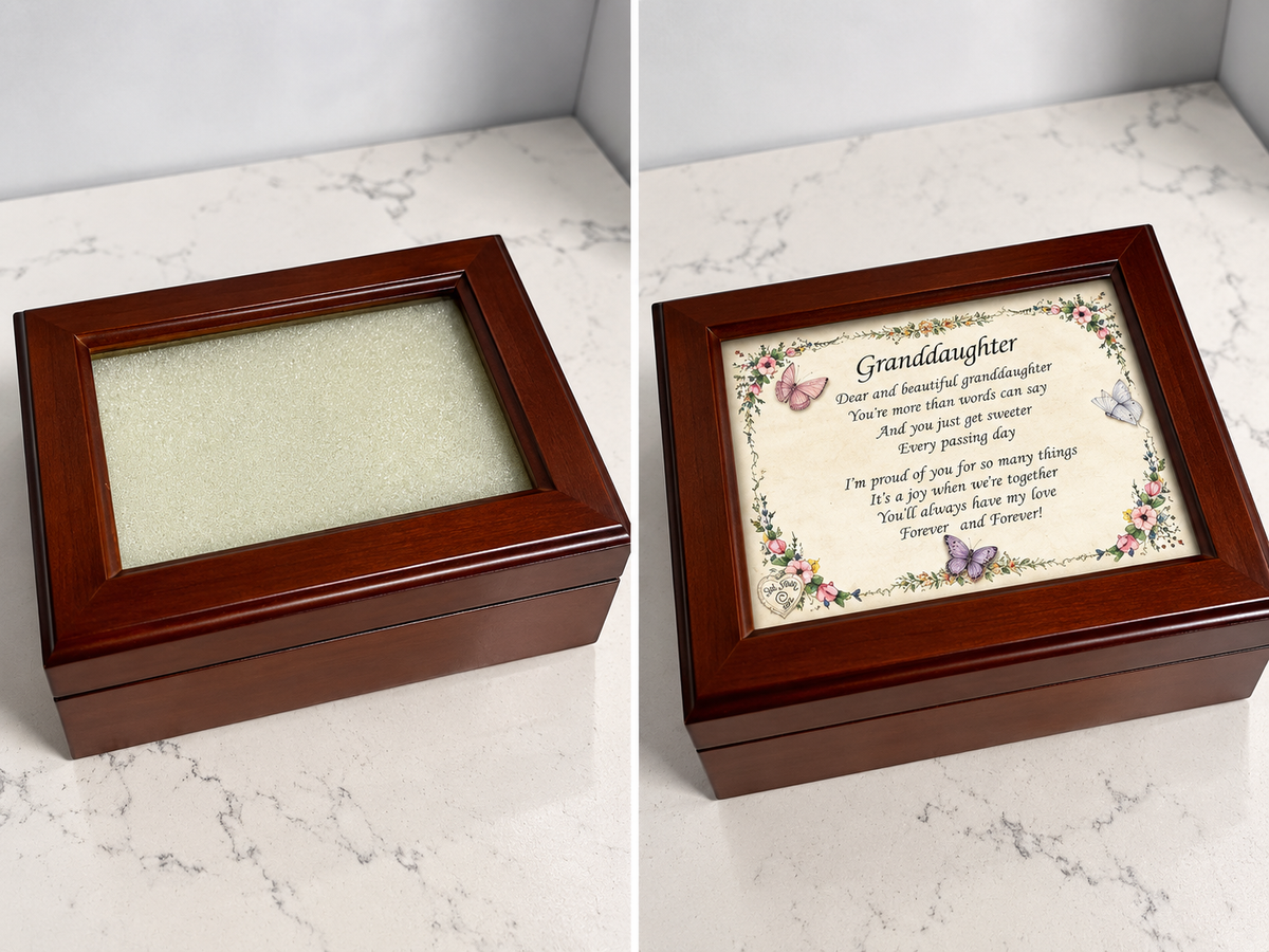 Vintage Sankyo Wooden Musical Jewelry Box with Photo Frame Lid – 8 x 6 Inch Keepsake Box