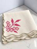Vintage Embroidered Linen Napkins Set of 6 Pink Floral Scalloped Edge 16 x 16