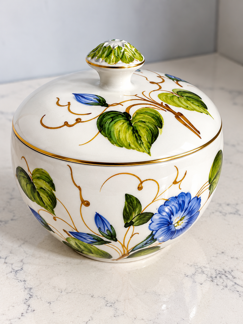 Vintage Italian Hand-Painted Floral Sugar Bowl with Lid