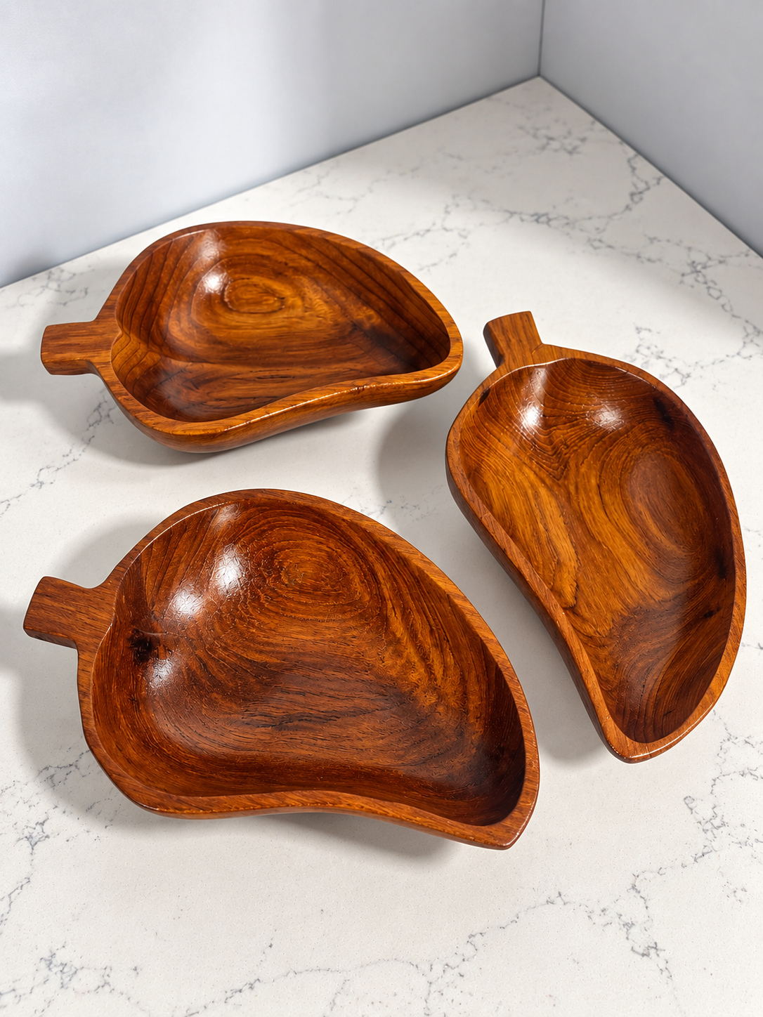 Vintage Hand-Carved Wooden Leaf Bowls Set of 3 Mid Century Serving Dishes 8 Inch