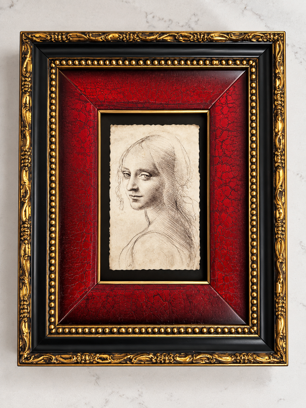 Framed Woman’s Portrait Sketch | Ornate Red, Black & Gold Tabletop Art