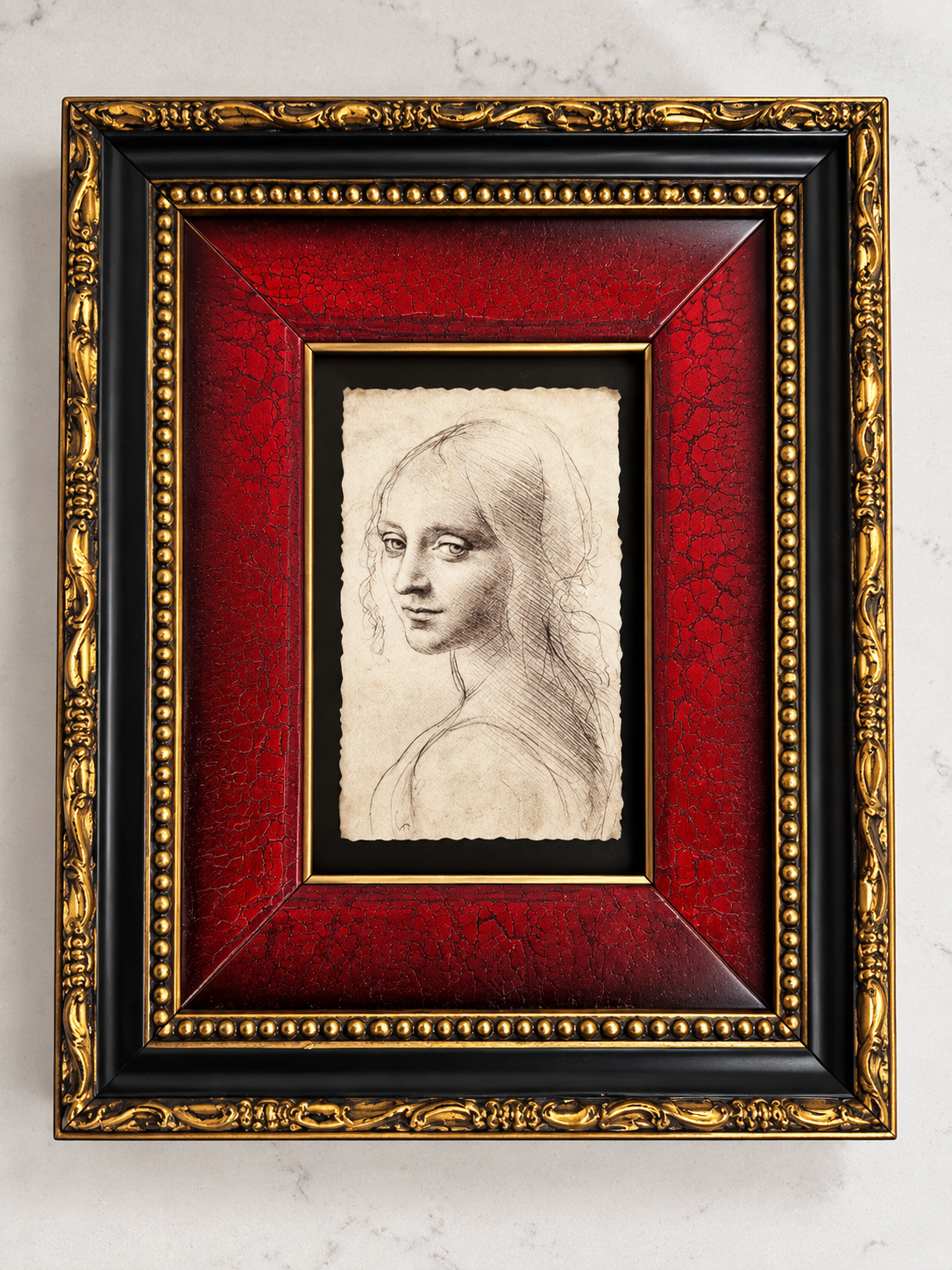 Framed Woman’s Portrait Sketch | Ornate Red, Black & Gold Tabletop Art