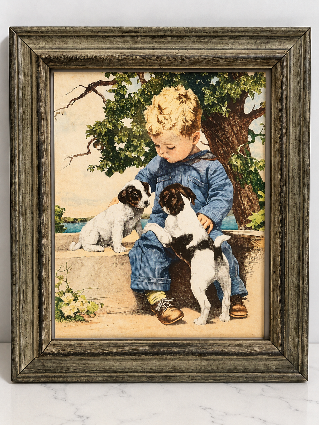 Vintage “Talking It Over” Framed Boy & Puppies Print – 17 x 14.5 Nostalgic Wall Art