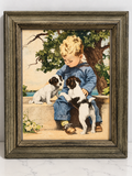 Vintage “Talking It Over” Framed Boy & Puppies Print – 17 x 14.5 Nostalgic Wall Art