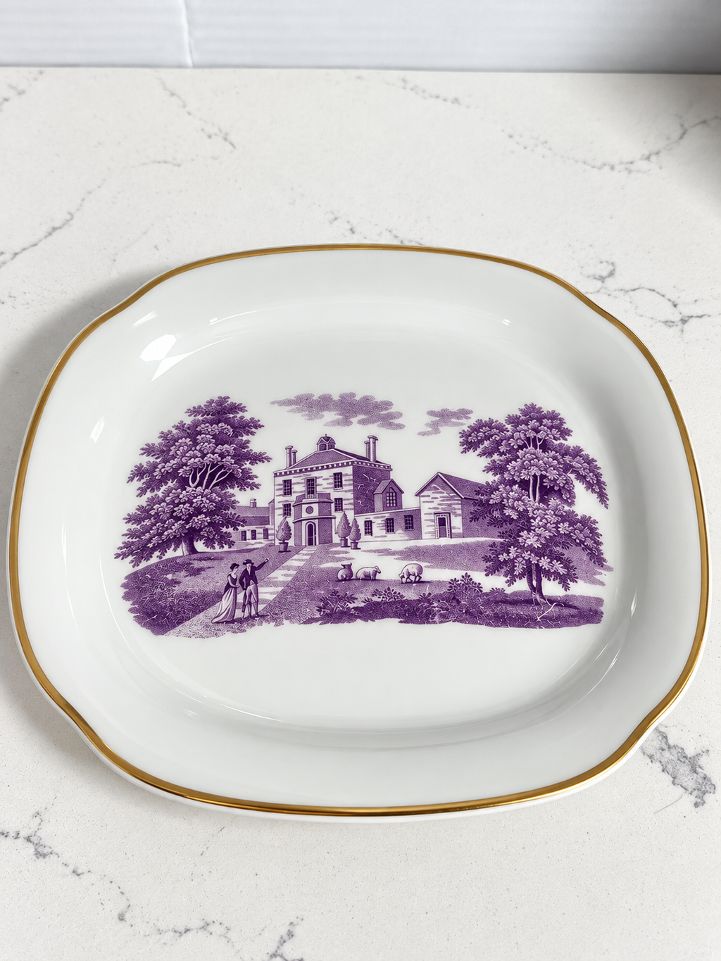 Vintage Mount Vernon Purple Transferware Dish – George Washington Historic Scene – Gold Trim – 7.5”