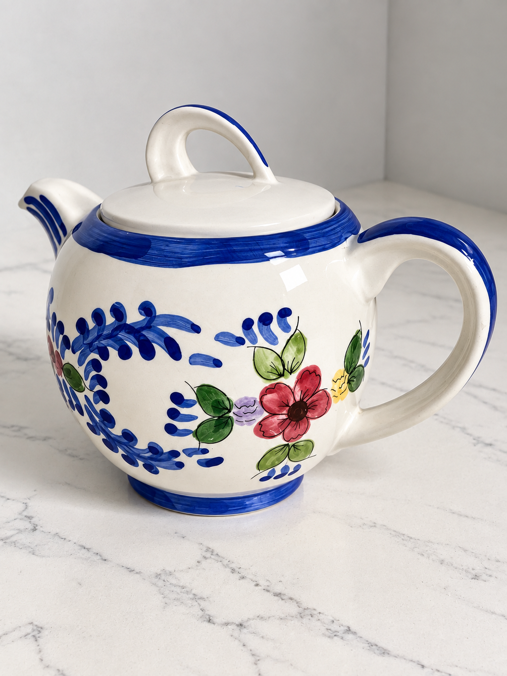 Vintage Hand-Painted Ceramic Floral Teapot – Blue & White Folk Art Pottery
