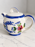 Vintage Hand-Painted Ceramic Floral Teapot – Blue & White Folk Art Pottery