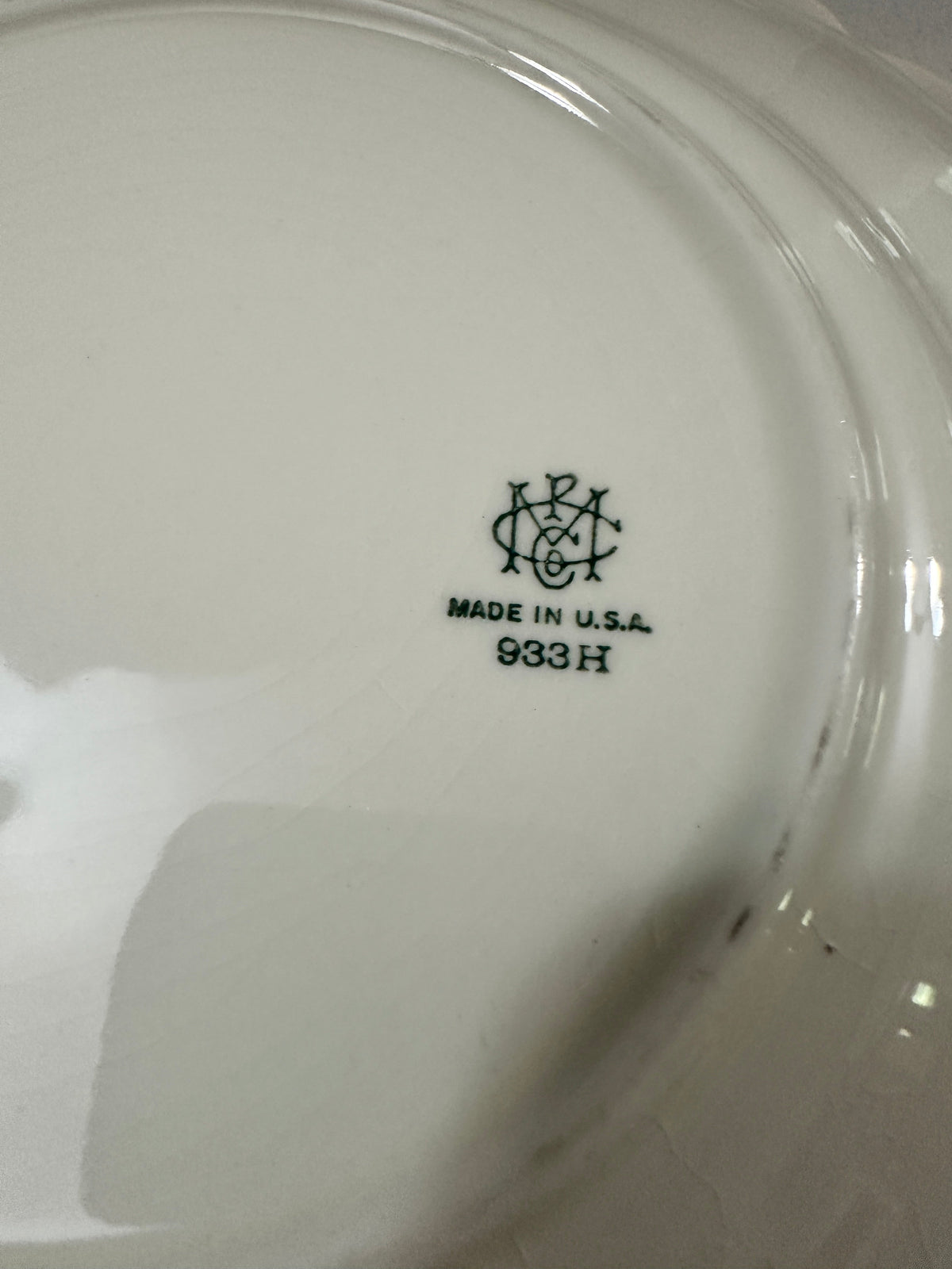 The Collected Chapter vintage ABMC 933H backstamp on the underside of an ivory American Beauty dinner plate