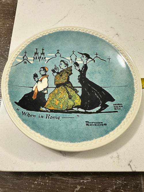 The Collected Chapter 1982 Norman Rockwell When in Rome collector plate with a beaded rim and vintage travel scene.