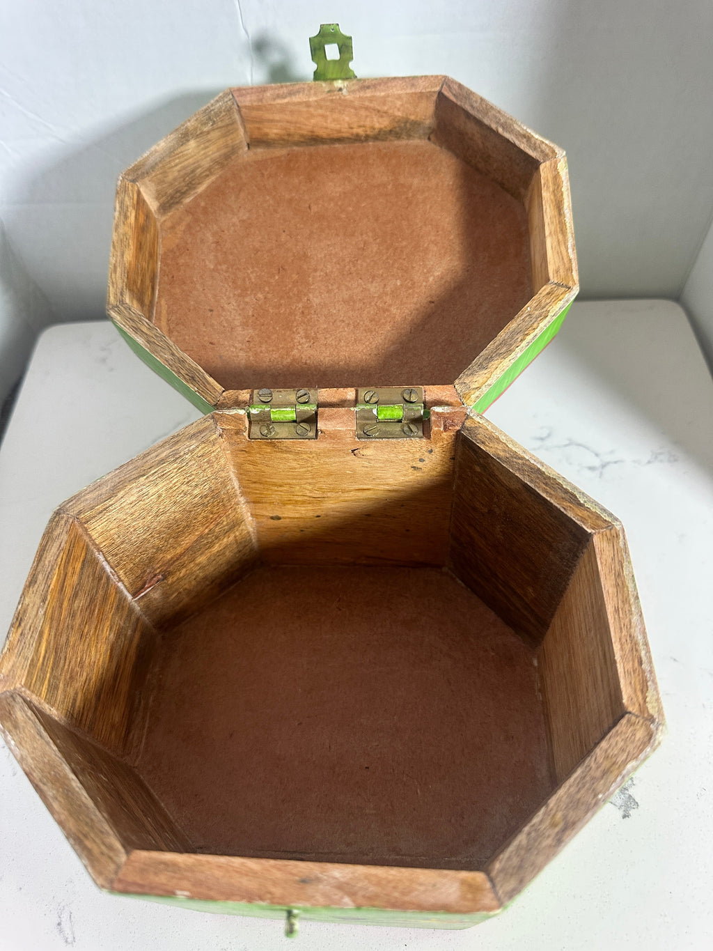 The Collected Chapter vintage octagonal wooden keepsake box with open hinged lid and brass-tone hardware