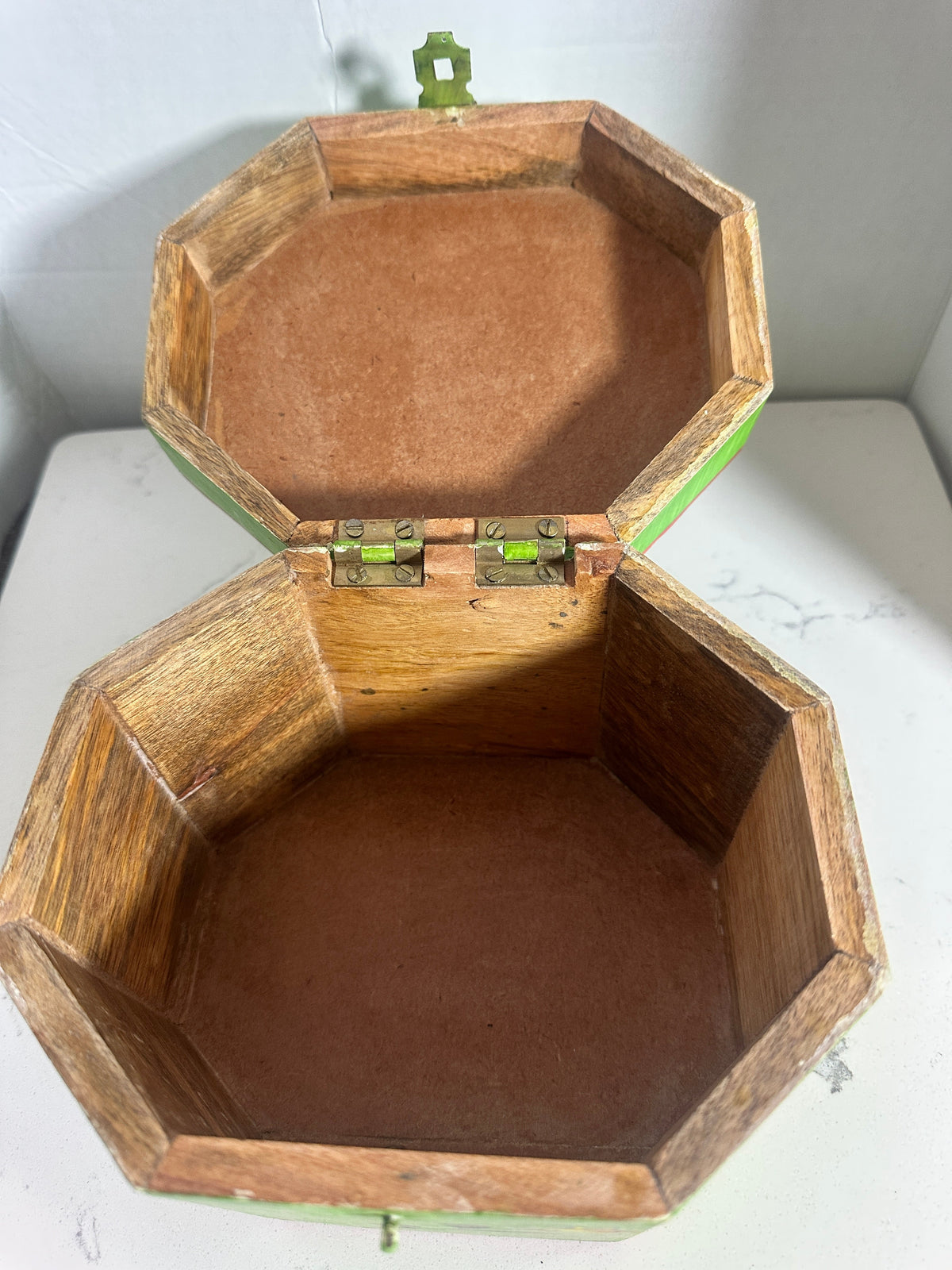 The Collected Chapter vintage octagonal wooden keepsake box with open hinged lid and brass-tone hardware