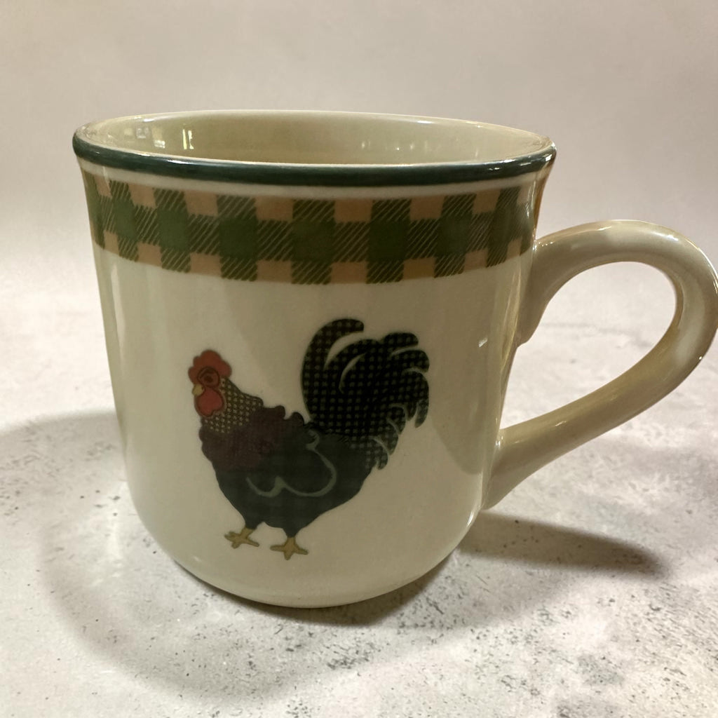 The Collected Chapter vintage 1998 Rooster Morn stoneware mug with a green gingham border and rooster illustration