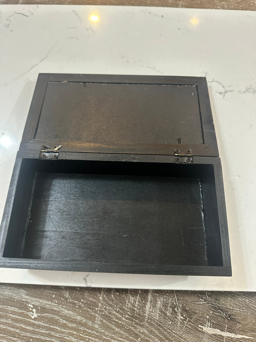 The Collected Chapter rustic dark wood keepsake box with an open hinged lid showing a spacious interior