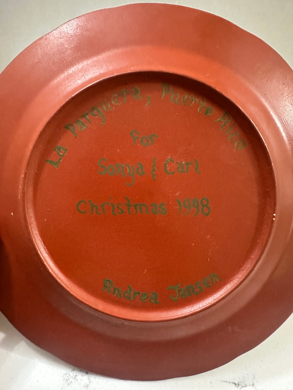 The Collected Chapter hand-painted terracotta decorative plate back with 1998 Puerto Rico artisan inscription