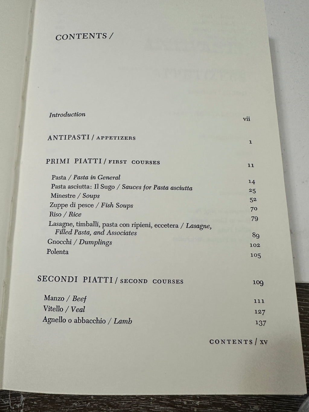 The Collected Chapter vintage cookbook contents page listing Italian recipes like antipasti, pasta, and meat dishes.
