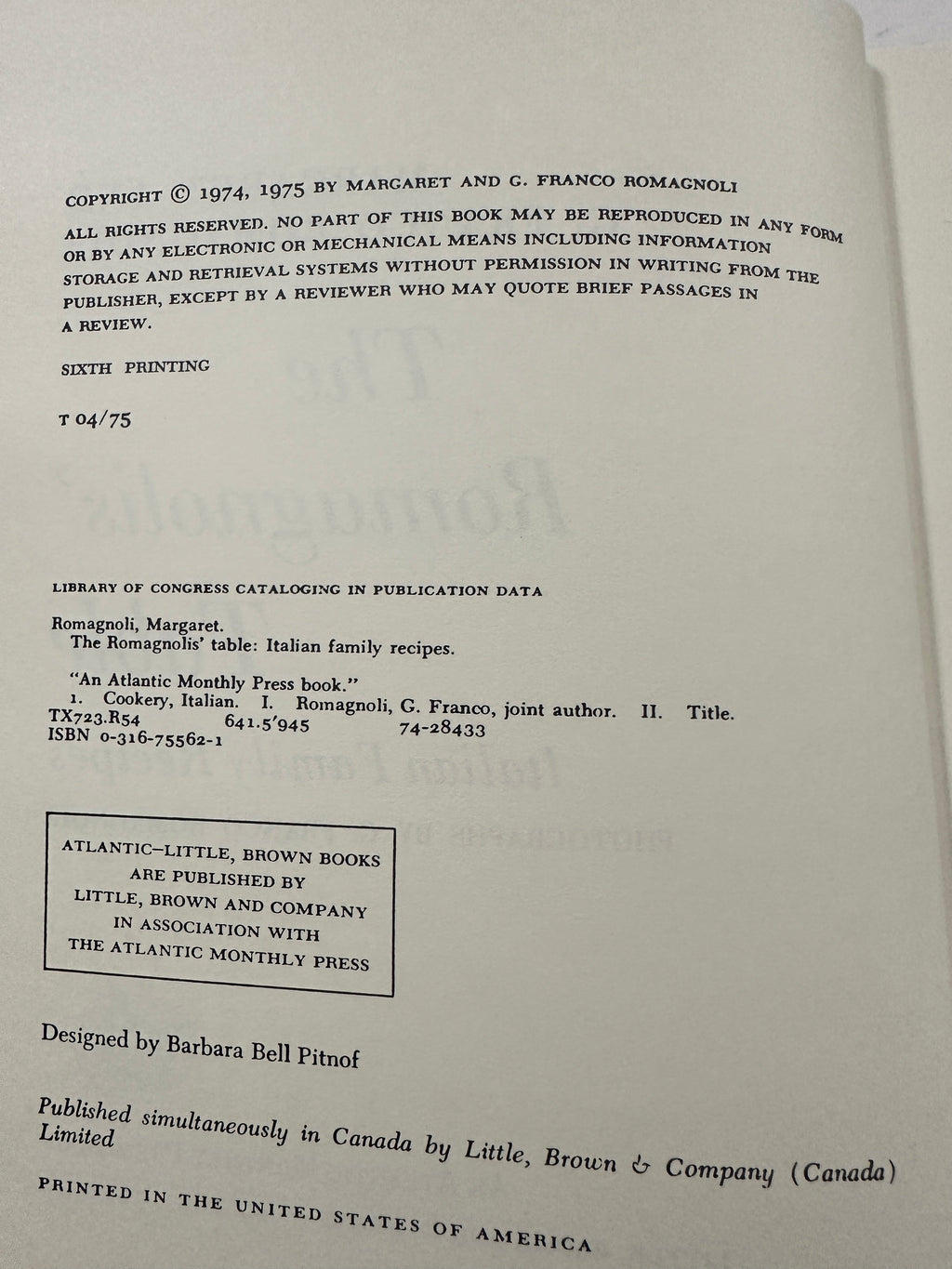 The Collected Chapter copyright page of the 1975 vintage cookbook The Romagnolis’ Table: Italian Family Recipes