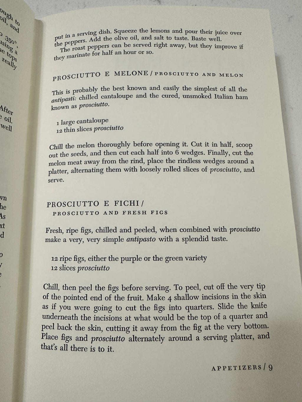 The Collected Chapter vintage cookbook page showing Prosciutto e Melone and Prosciutto e Fichi recipe instructions.