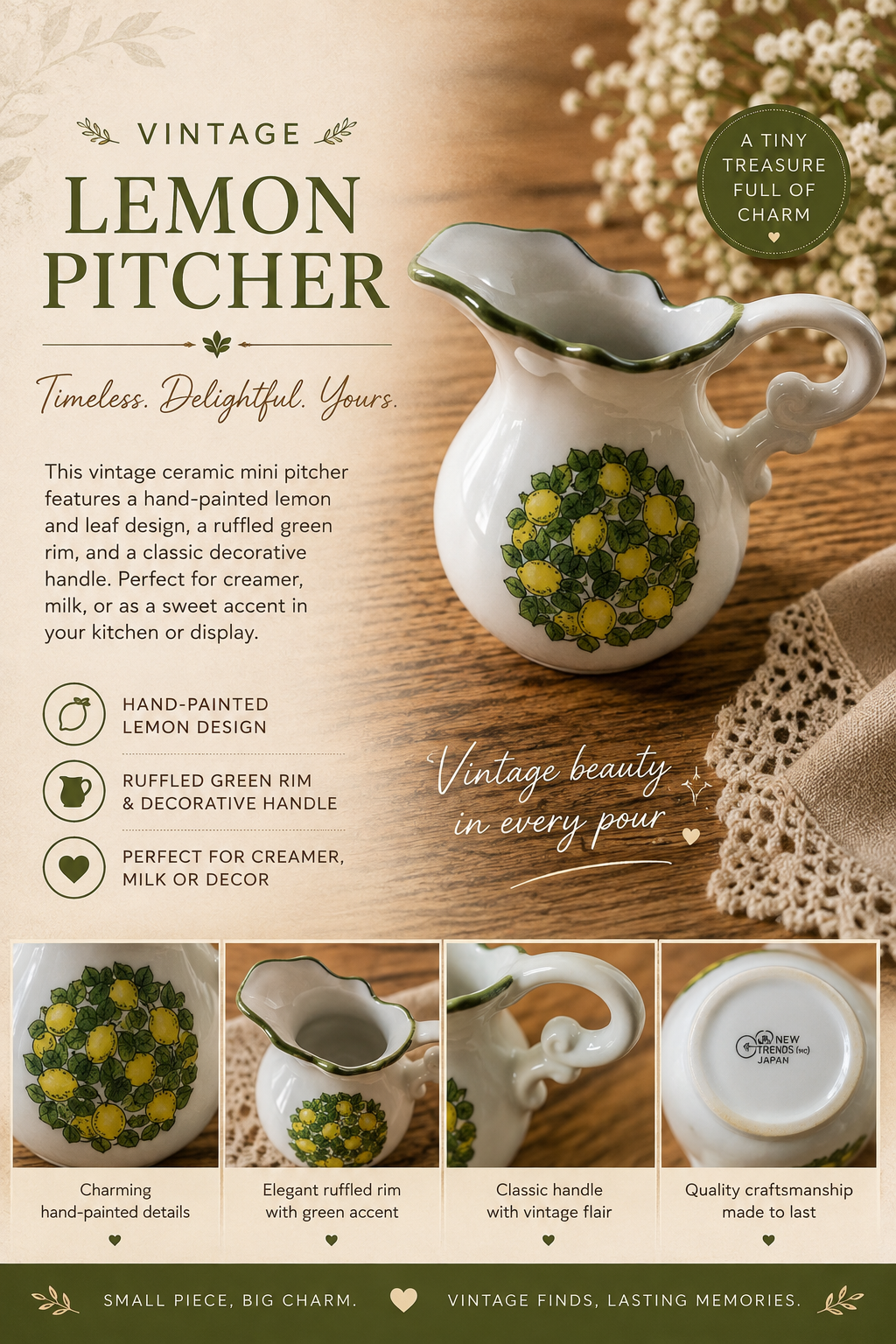 The Collected Chapter vintage porcelain miniature pitcher featuring a lemon motif and green scalloped rim.