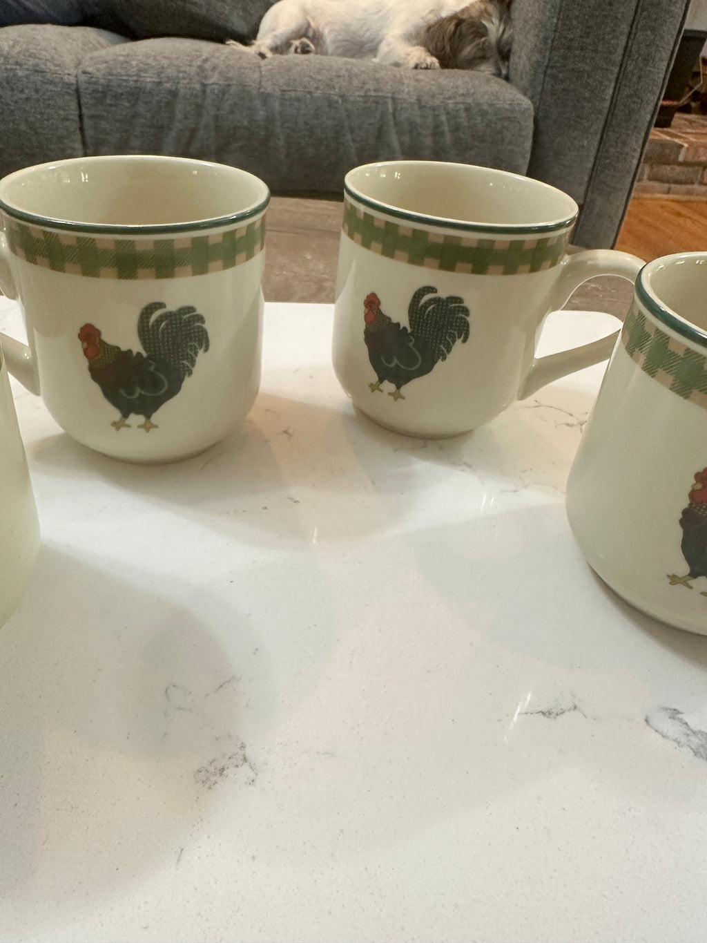 The Collected Chapter set of 4 vintage 1998 International China Rooster Morn stoneware mugs with green gingham trim.