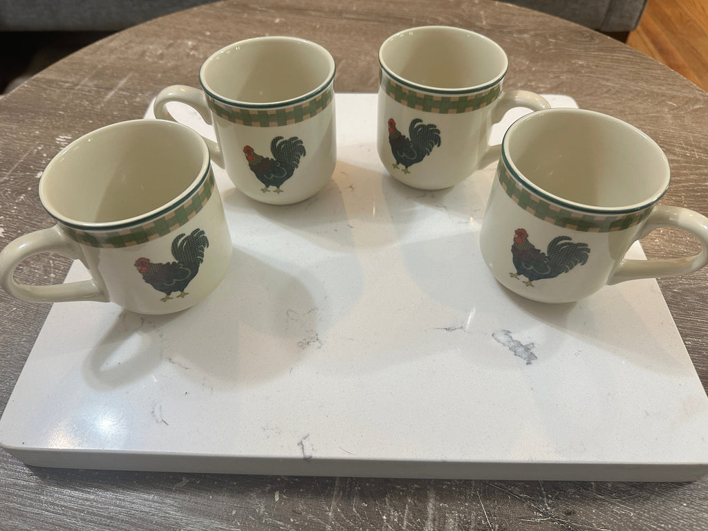 The Collected Chapter set of four vintage 1998 International China Rooster Morn stoneware mugs with green gingham trim
