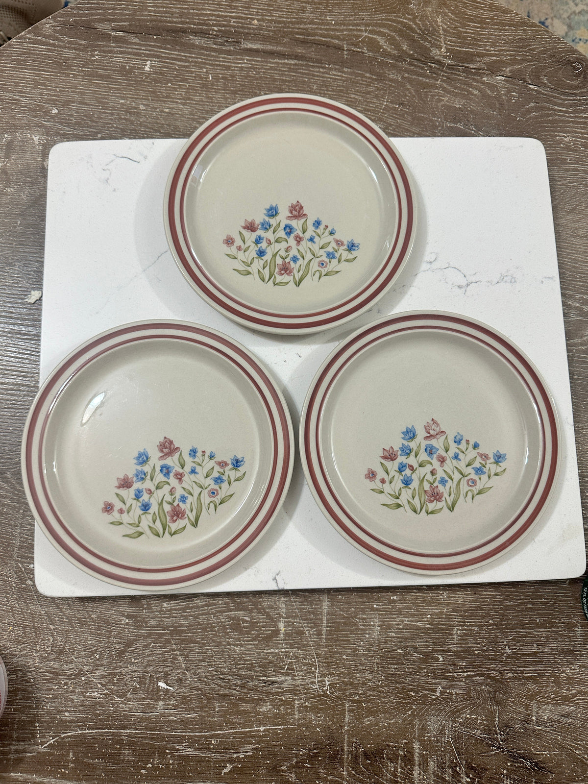 The Collected Chapter set of three 1985 Newcor Goodearth stoneware plates with blue and pink floral cottagecore design