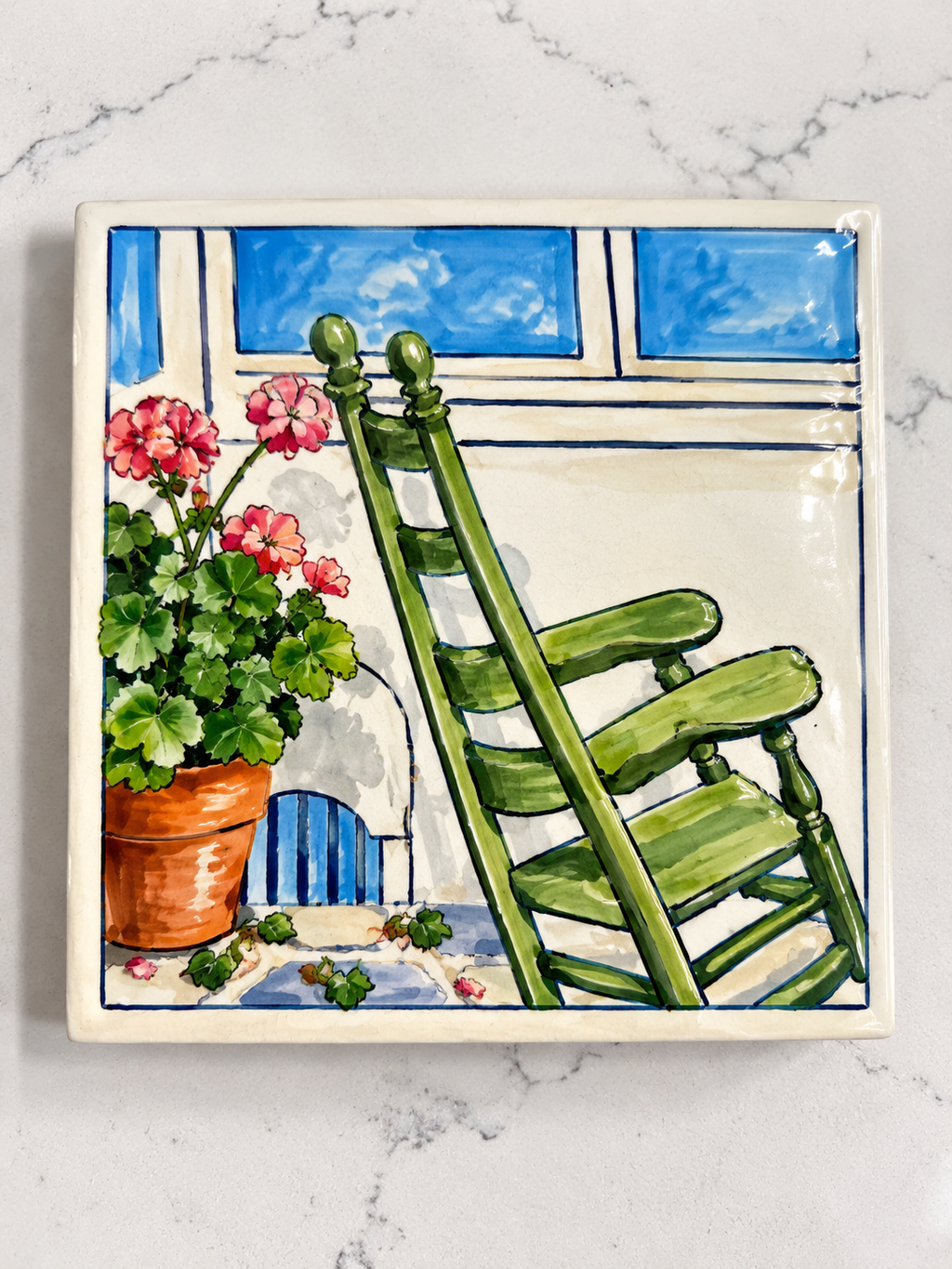 Hand-Painted Ceramic Art Tile with Window and Potted Plants