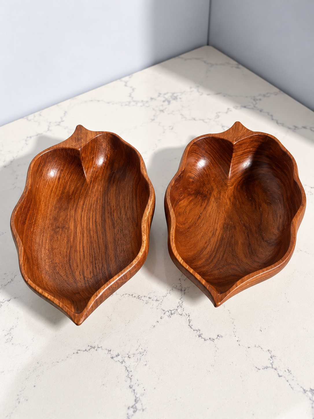 Vintage Hand-Carved Wooden Leaf Bowls – Set of 2 – Mid Century Organic Serving Dishes
