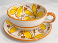 Vintage Italian Hand-Painted Floral Cup & Saucer – Yellow Orange Mid-Century Pottery